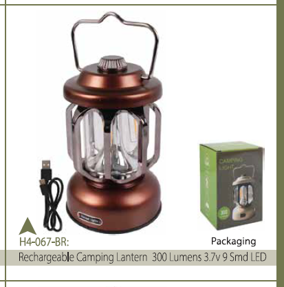 CAMPING LANTERN 250LM 3.7V 9 SMD W/3-H4-067-BR